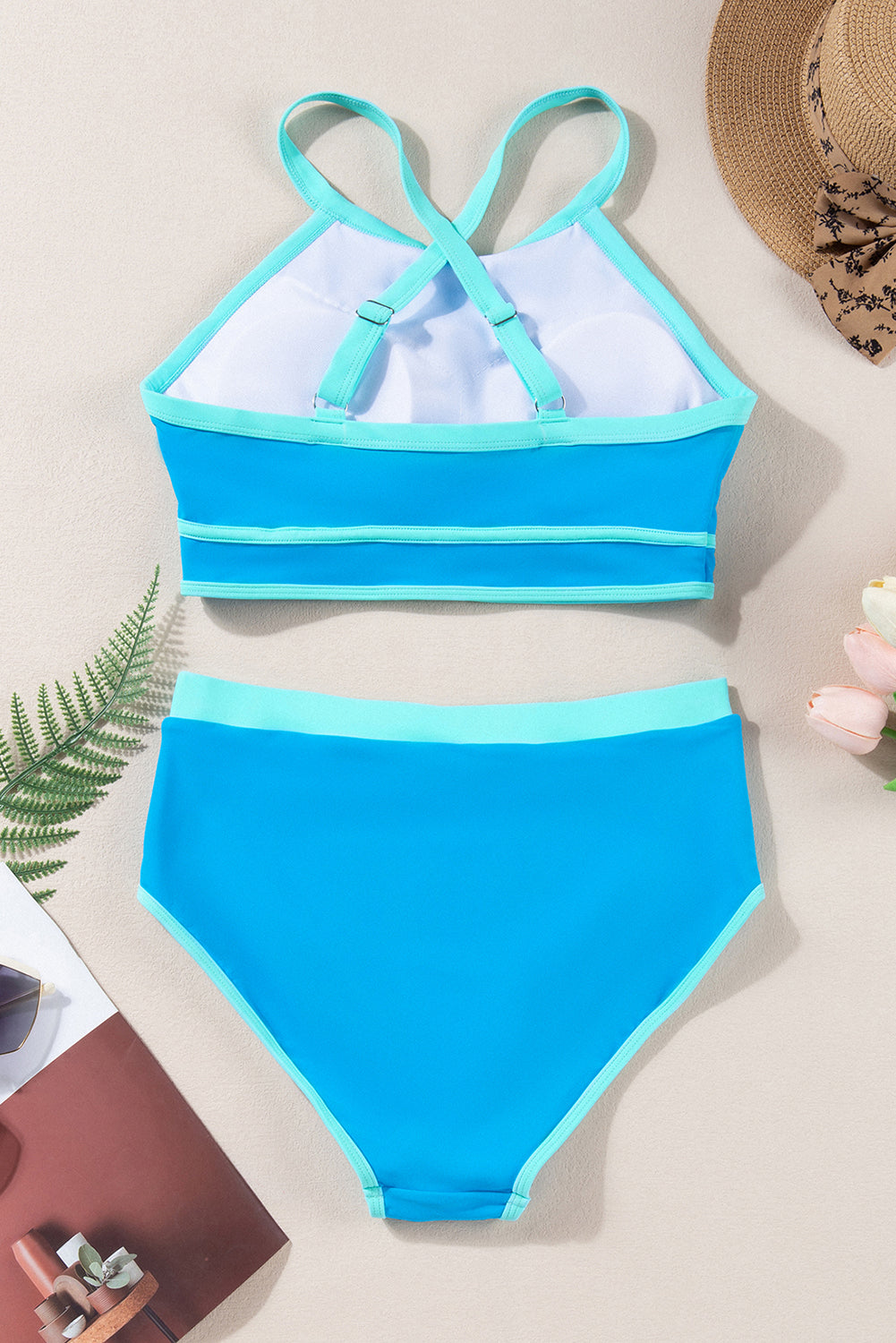 Blue Contrast Trim Crisscross Back High Waisted Bikini - SELFTRITSS   