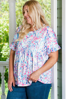 Purple Vibrant Botanical Print Frill Short Sleeve Plus Size Top - SELFTRITSS   