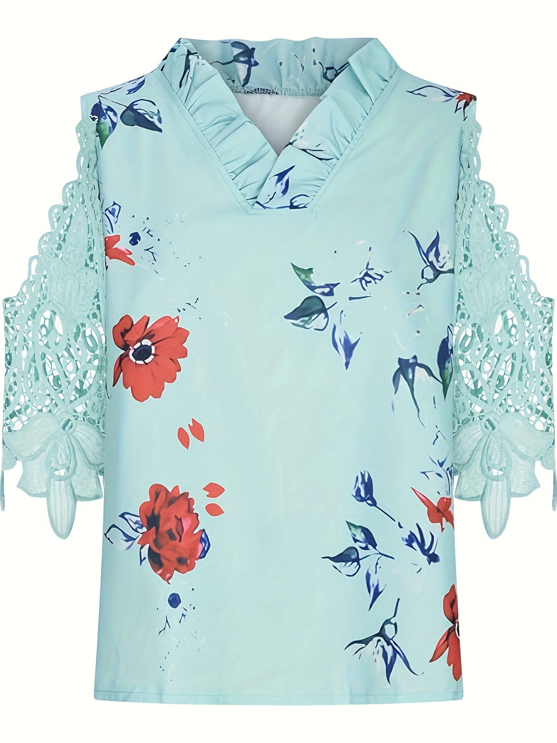 Full Size Lace Printed Half Sleeve Blouse - SELFTRITSS