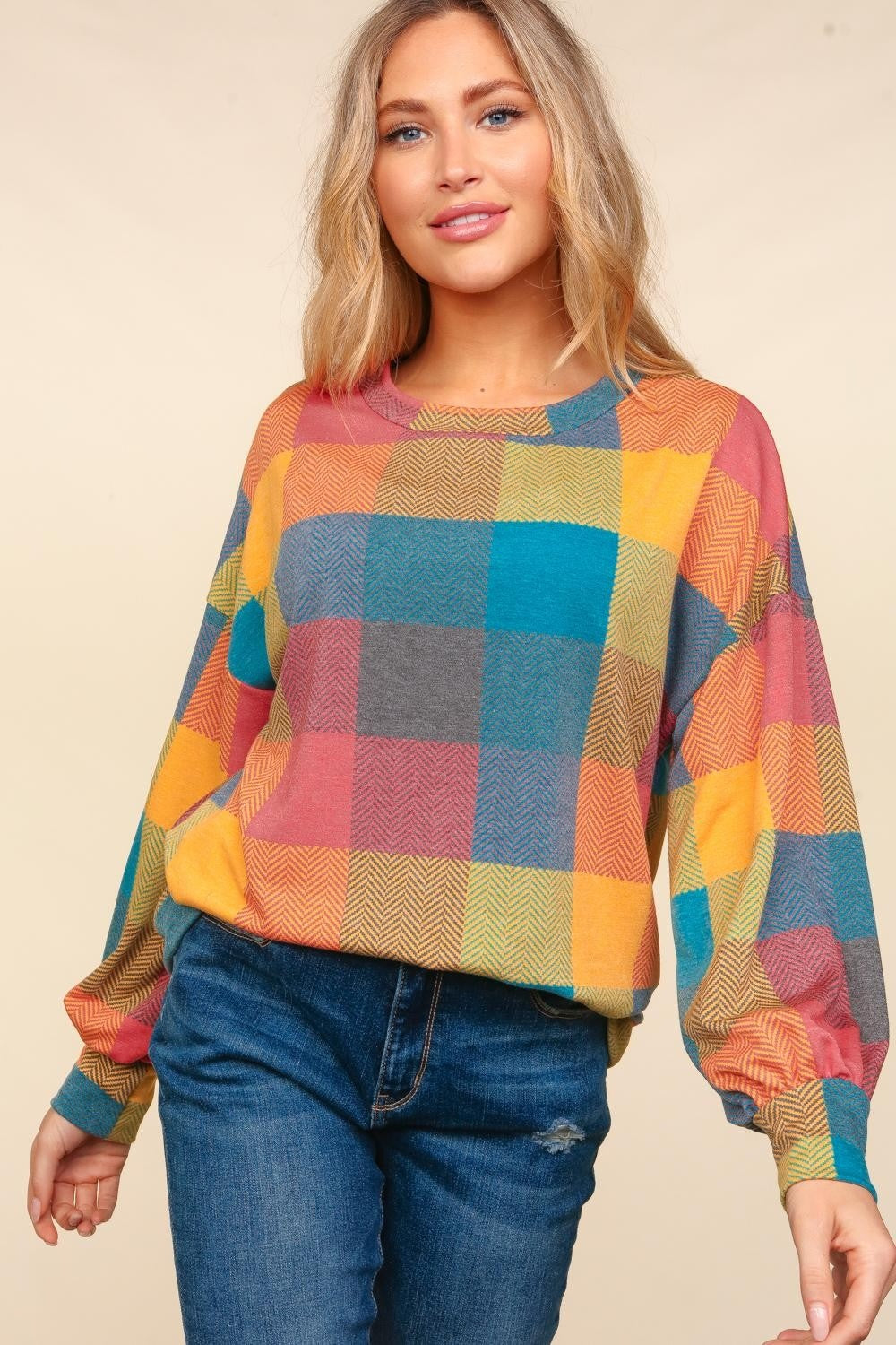 Haptics Round Neck Color Block Plaid Top - SELFTRITSS   