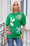 Bright Green Floral Bubble Short Sleeve Sweater - SELFTRITSS