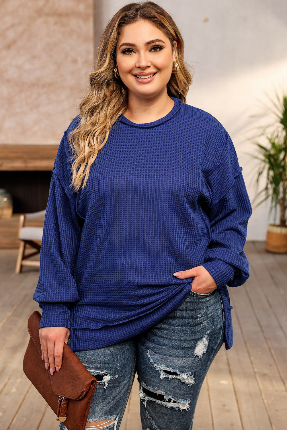 Blue Plus Size Waffle Knit Oversized Exposed Seam Top - SELFTRITSS