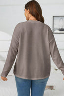 Simply Taupe Waffle Knit Drop Shoulder Button V Neck Plus Size Top - SELFTRITSS   