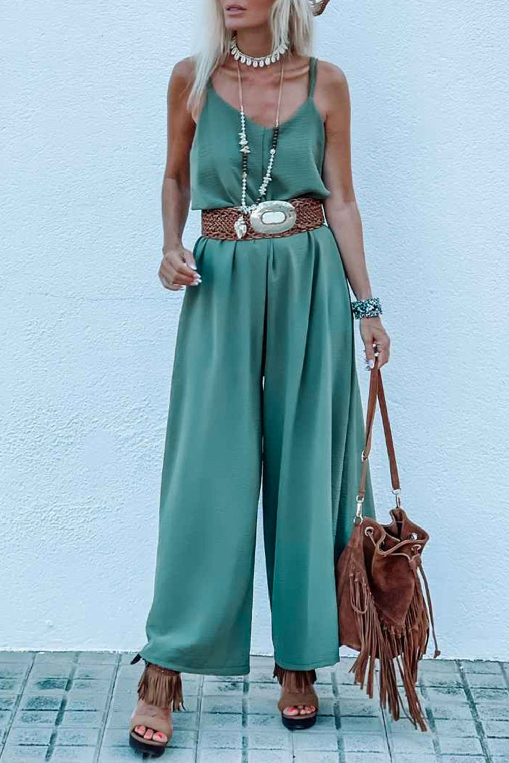 Green Solid Color Spaghetti Straps Wide Leg Jumpsuit - SELFTRITSS