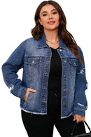 Dark Blue Plus Size Distressed Flap Pocket Denim Jacket - SELFTRITSS