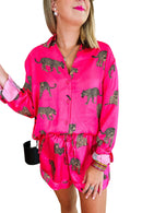 Strawberry Pink Cheetah Print Satin Shirt and Shorts Lounge Set - SELFTRITSS