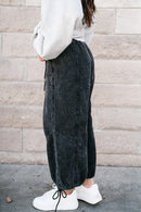 Black Mineral Wash Textured Drawstring Wide Leg Pants - SELFTRITSS   