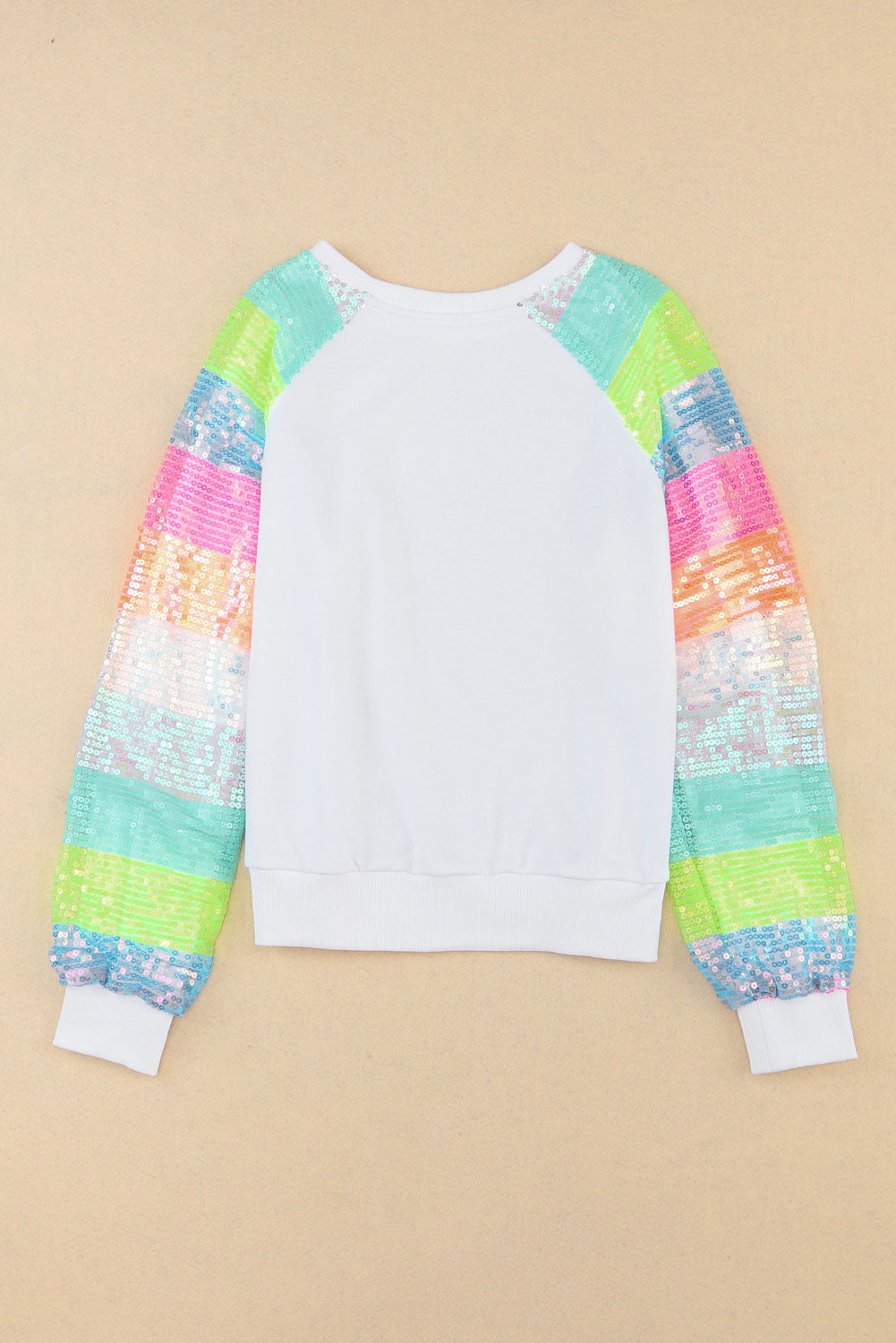 White Sequin Color Block Raglan Sleeve Pullover Sweatshirt - SELFTRITSS