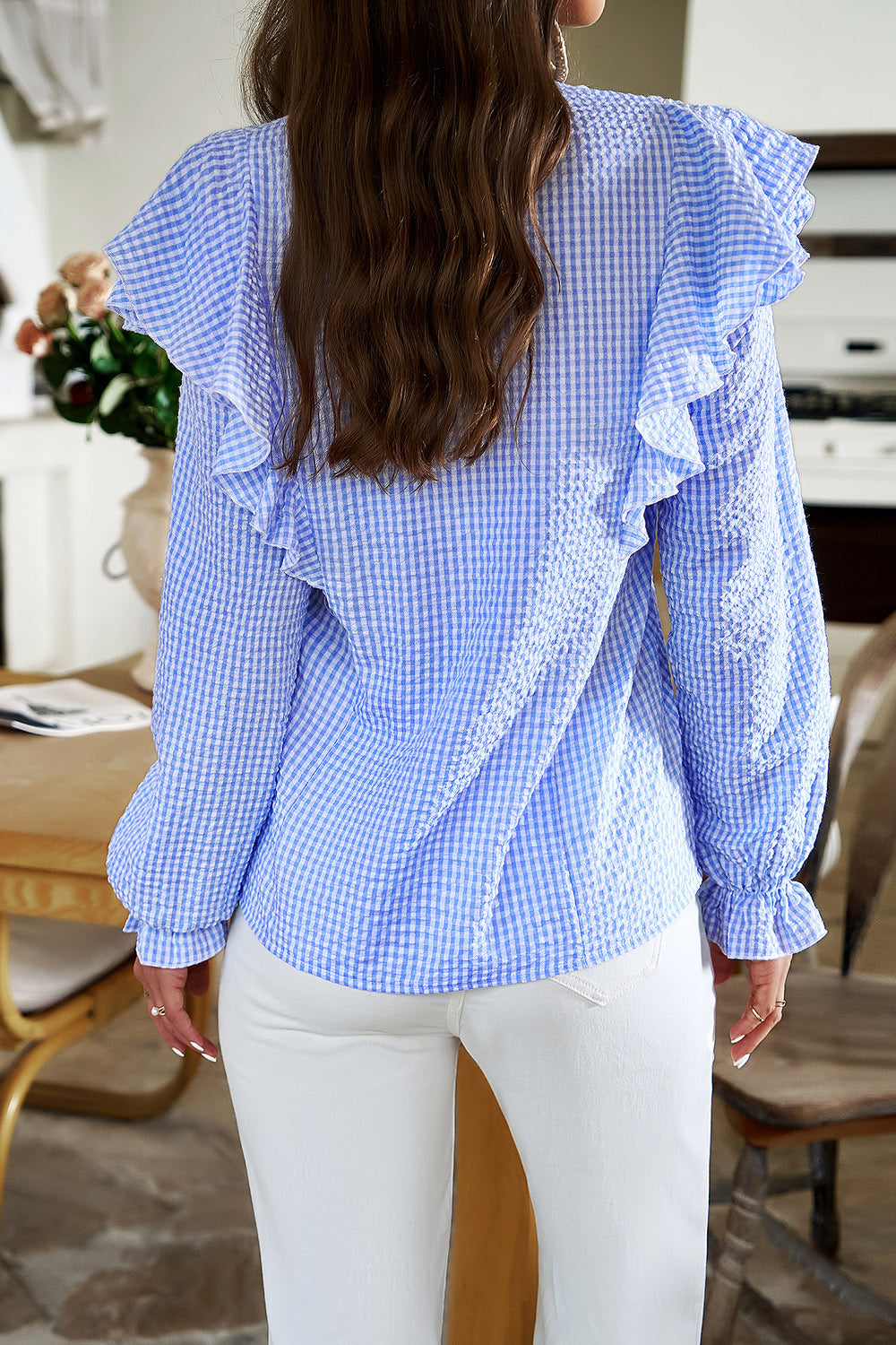 Plaid Notched Flounce Sleeve Shirt - SELFTRITSS