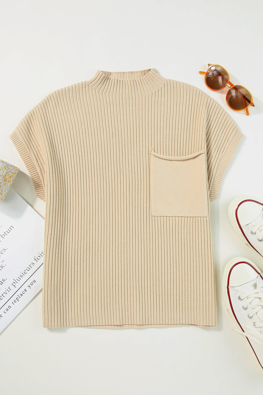 Oatmeal Patch Pocket Ribbed Knit Short Sleeve Sweater - SELFTRITSS   