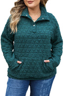 Blackish Green Plus Size Quarter Buttoned Pocketed Quilted Sweatshirt - SELFTRITSS