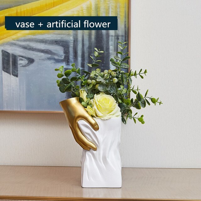 Gold Hand Vase with artificial flowers