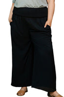 Black Shirred High Waist Plus Size Wide Leg Pants - SELFTRITSS