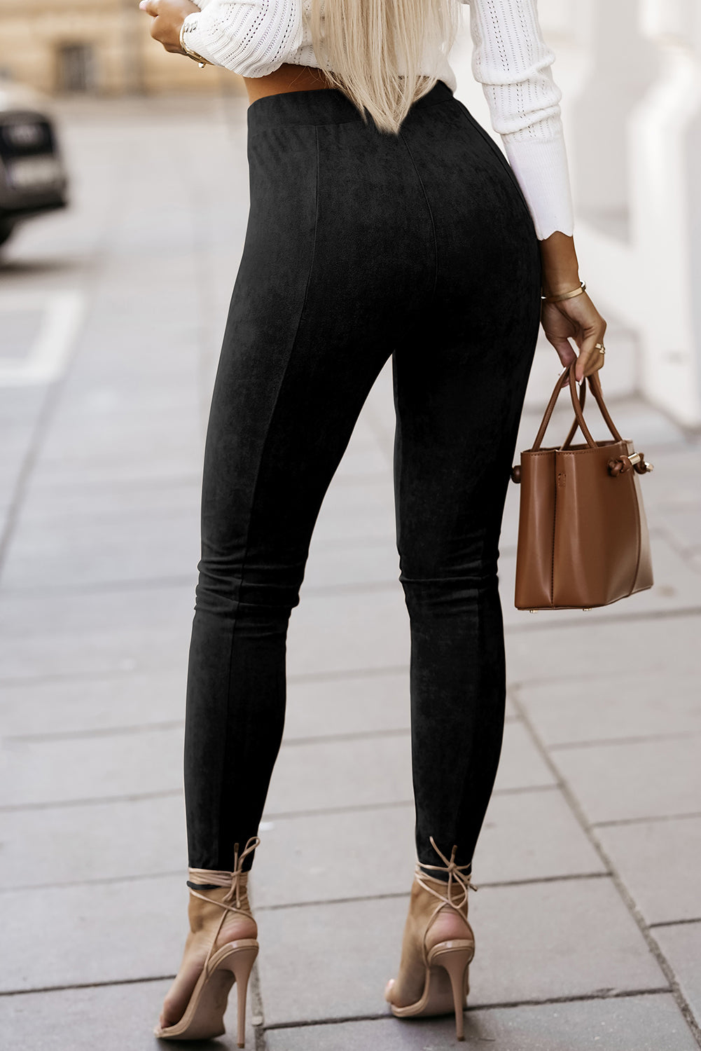 Black High Waist Faux Suede Skinny Leggings - SELFTRITSS   