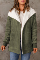 Green Faux Suede Fleece Lined Open Front Jacket - SELFTRITSS   