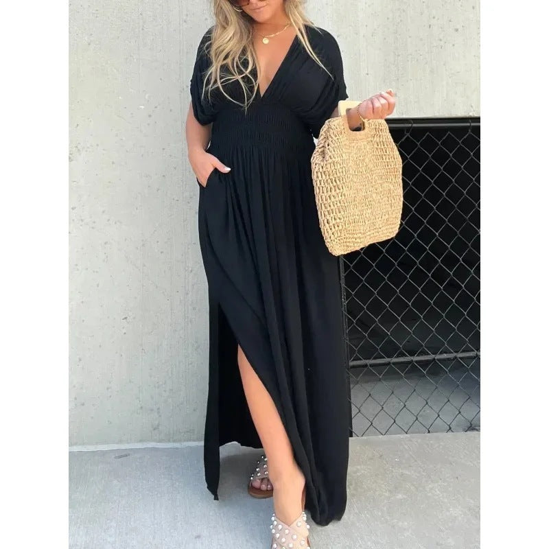 Women's Fashion Bat-sleeved V-neck Slit Dress - SELFTRITSS   