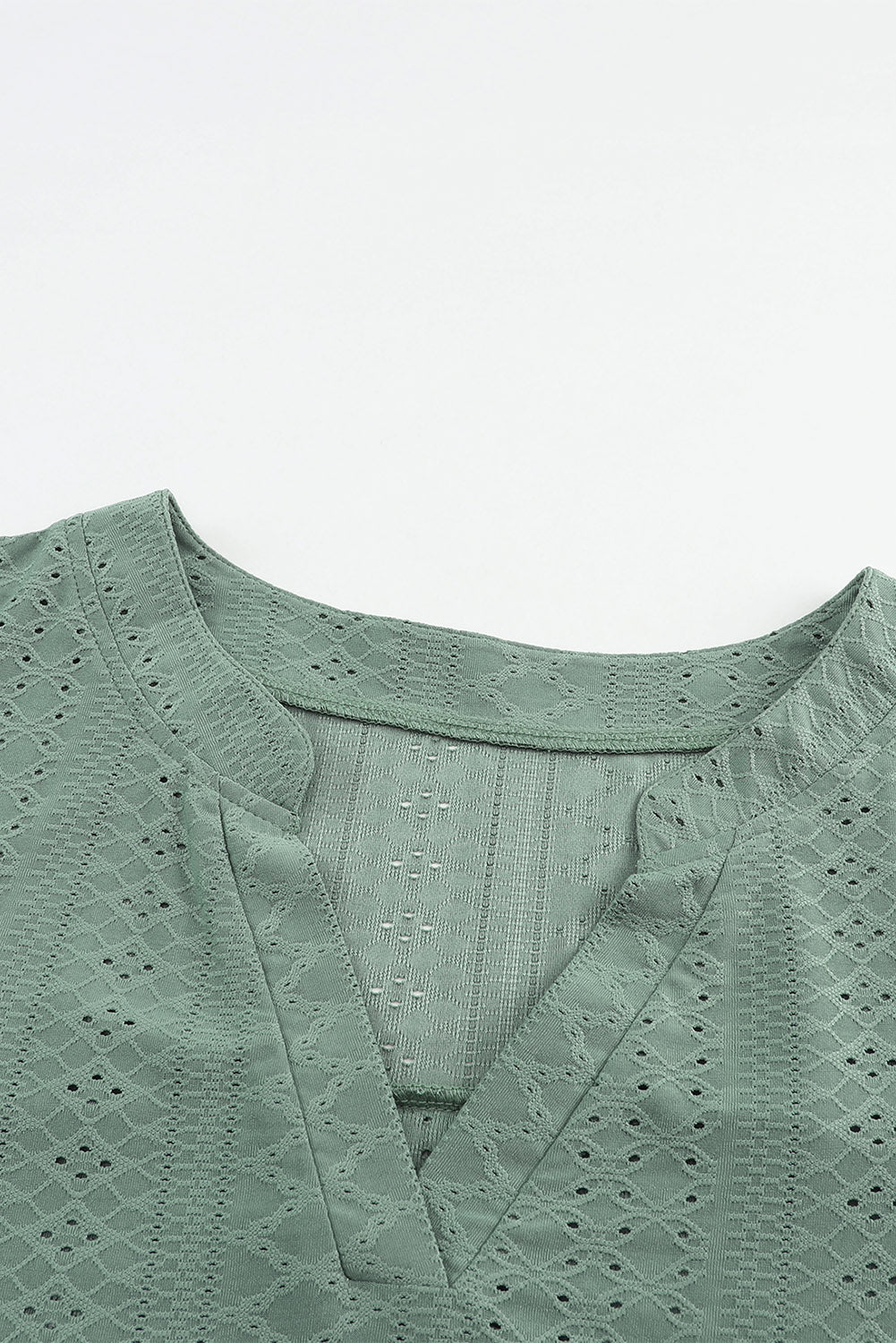 Green Eyelet Jacquard Split Neck Flounce Sleeve Plus Size Blouse - SELFTRITSS