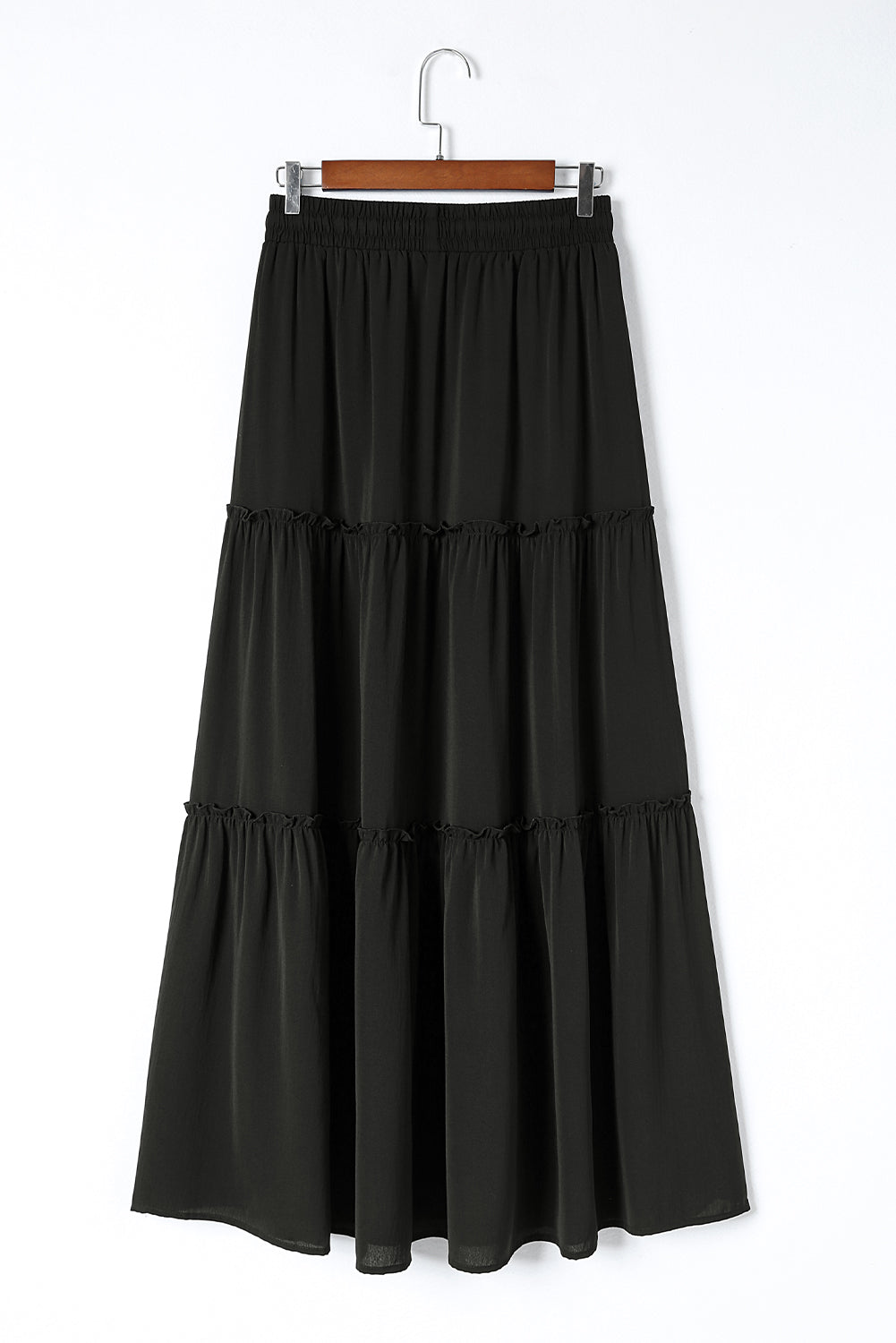 Black Frill Tiered Drawstring Waist Maxi Skirt - SELFTRITSS
