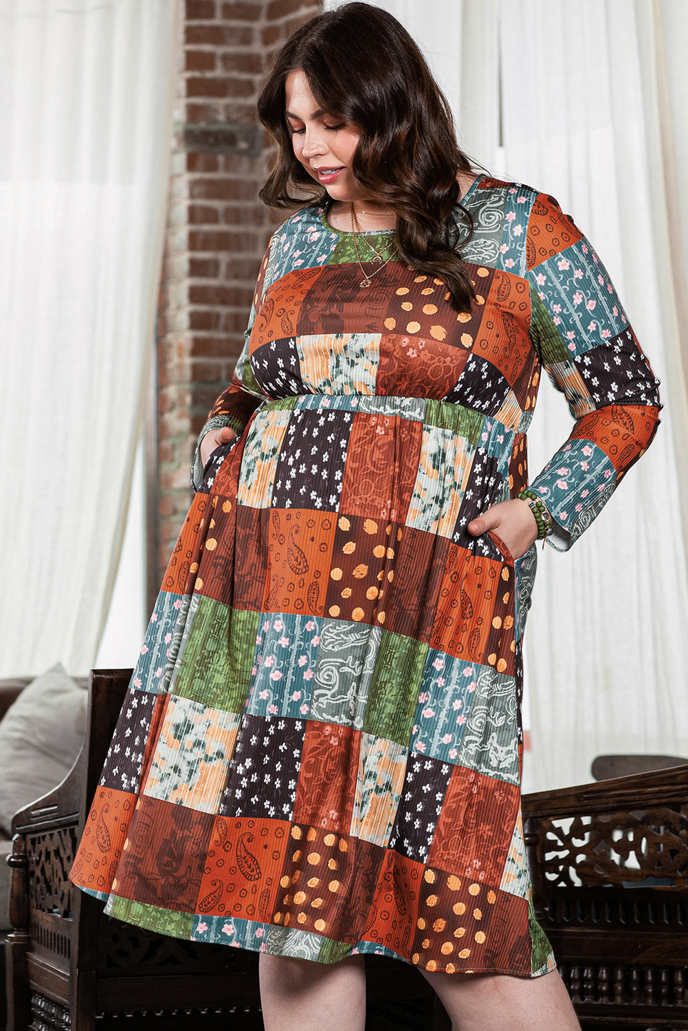 Green Printed Multicolor Western Checkered Plus Size Swing Dress - SELFTRITSS