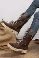 Coffee Wool Knit Patchwork Lace Up Leather Boots - SELFTRITSS