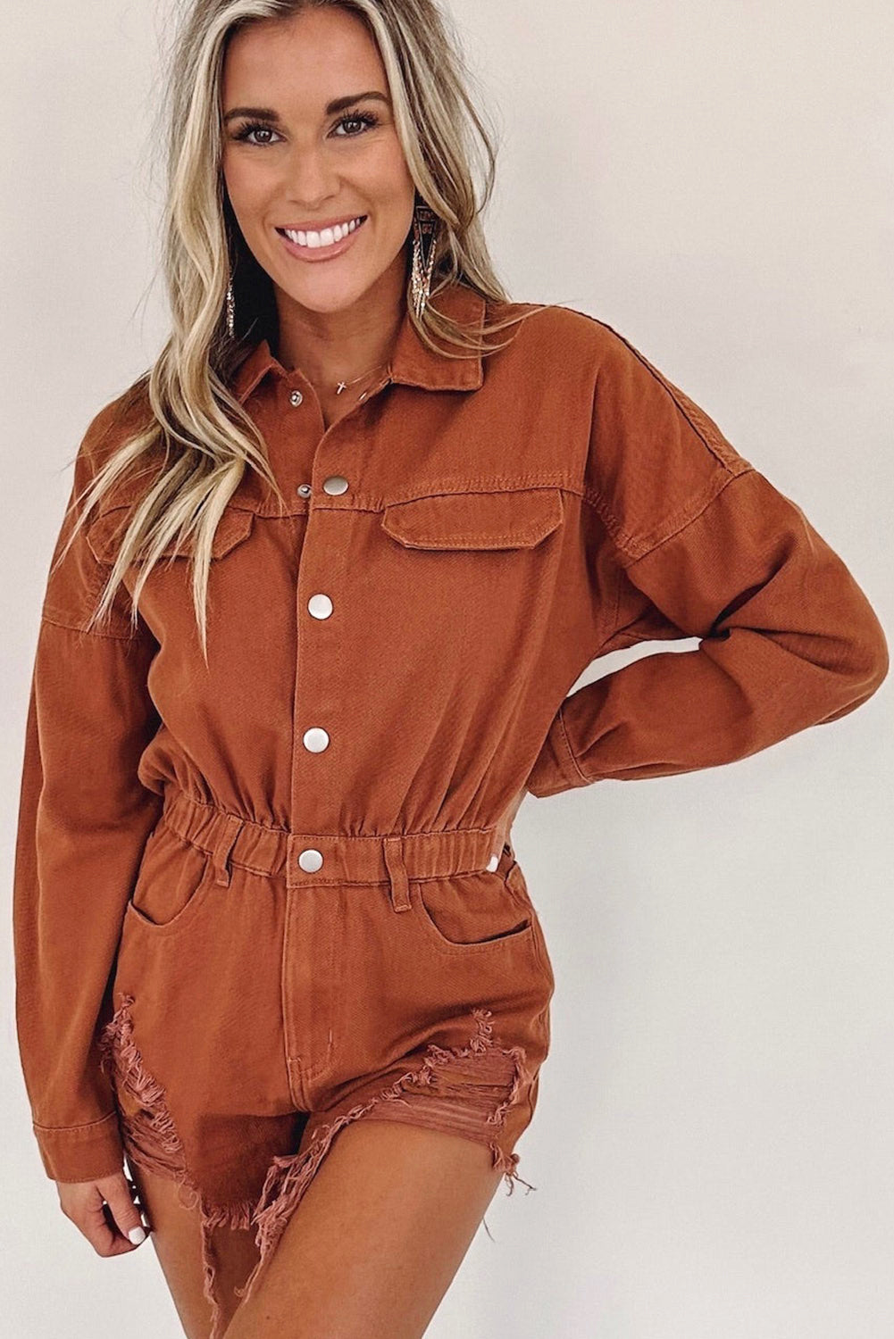 Gold Flame Long Sleeve Snap Buttons Distressed Denim Romper - SELFTRITSS