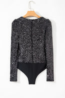 Black Sequin V Neck Zipped Long Sleeve Bodysuit - SELFTRITSS   