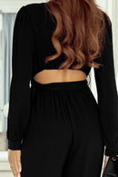 Black Cutout Back Belted V Neck Wide Leg Jumpsuit - SELFTRITSS   