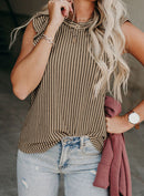 Khaki Striped Crew Neck Ruffled Tank Top - SELFTRITSS   