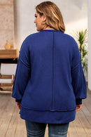 Blue Plus Size Waffle Knit Oversized Exposed Seam Top - SELFTRITSS