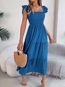 Smocked Square Neck Cap Sleeve Midi Dress - SELFTRITSS   