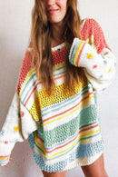 Multicolor Hollow Striped Knit Contrast Sleeve Sweater - SELFTRITSS