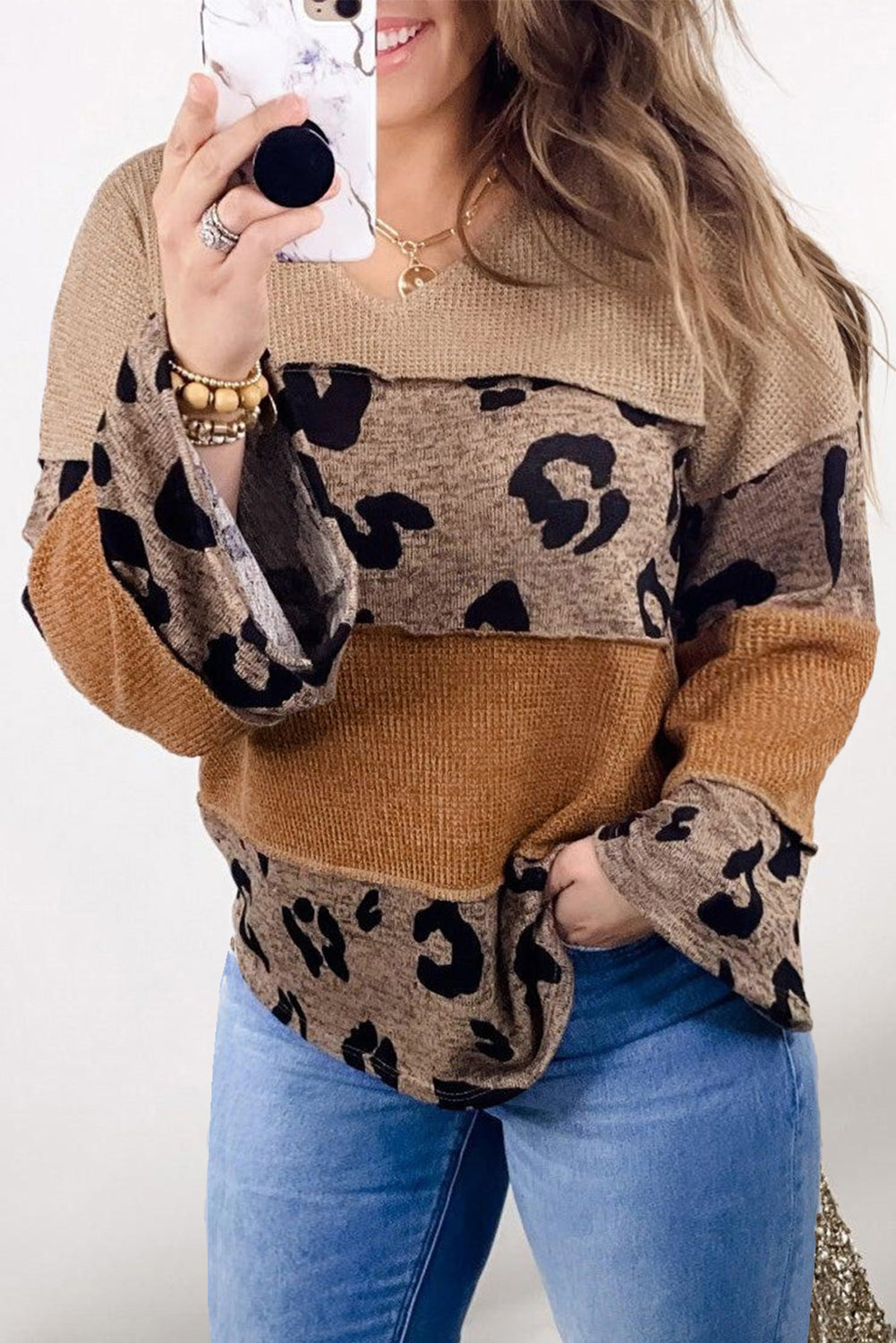 Light French Beige Plus Size Leopard Colorblock Patchwork Wide Sleeve Top - SELFTRITSS