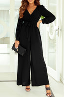 Black Cutout Back Belted V Neck Wide Leg Jumpsuit - SELFTRITSS   