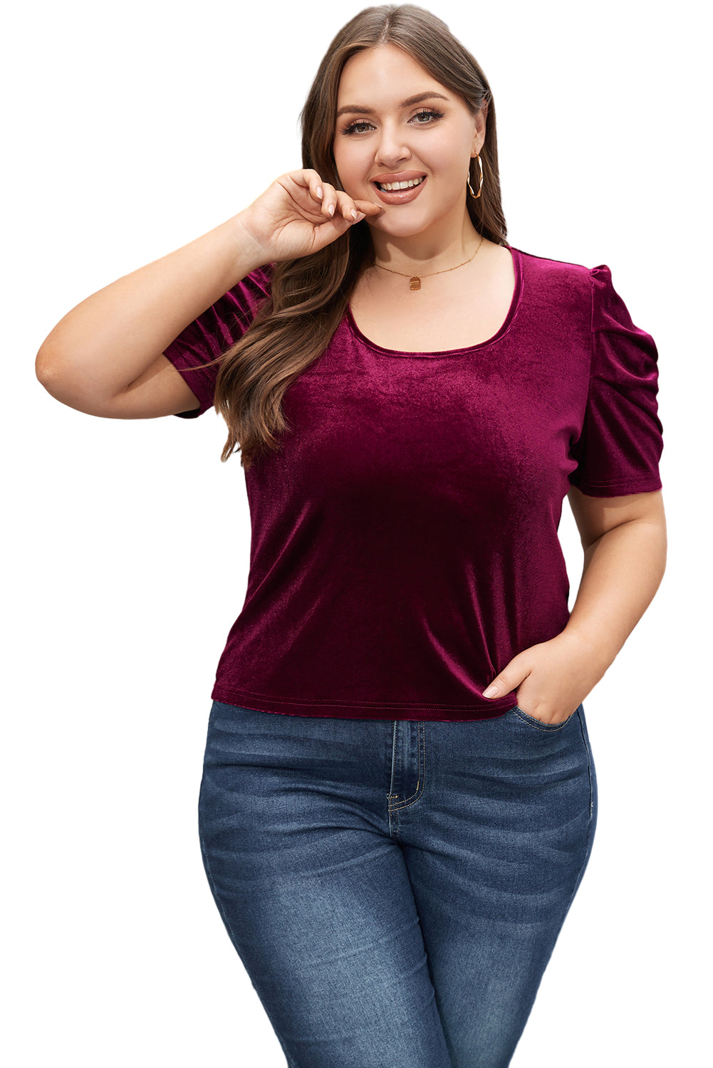 Burgundy Velvet Bubble Sleeve U Neck Plus Size Top - SELFTRITSS