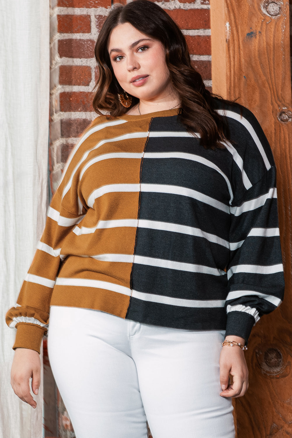 Plus Size Colorblock Striped Patchwork Loose Top - SELFTRITSS   