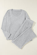 Light Grey Ribbed Knit V Neck Slouchy Two-piece Outfit - SELFTRITSS   