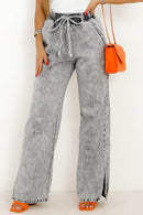 Medium Grey Drawstring Elastic Waist Wide Leg Jeans - SELFTRITSS