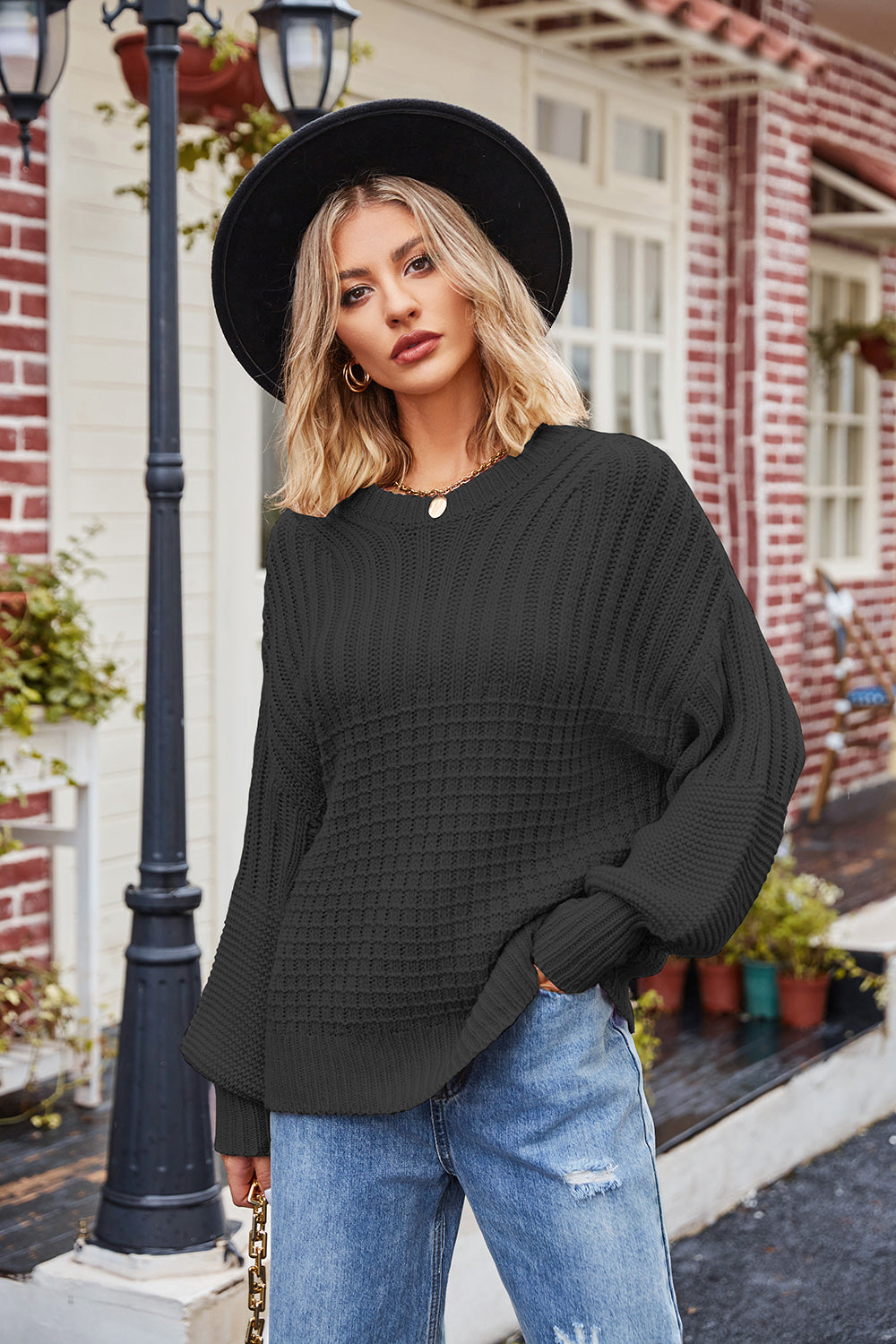 Camel Ribbed Drop Shoulder Lantern Sleeve Sweater