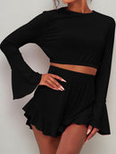 Round Neck Long Sleeve Top and Ruffled Shorts Set - SELFTRITSS   