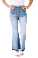 Sky Blue High Waist Buttoned Distressed Flared Jeans - SELFTRITSS