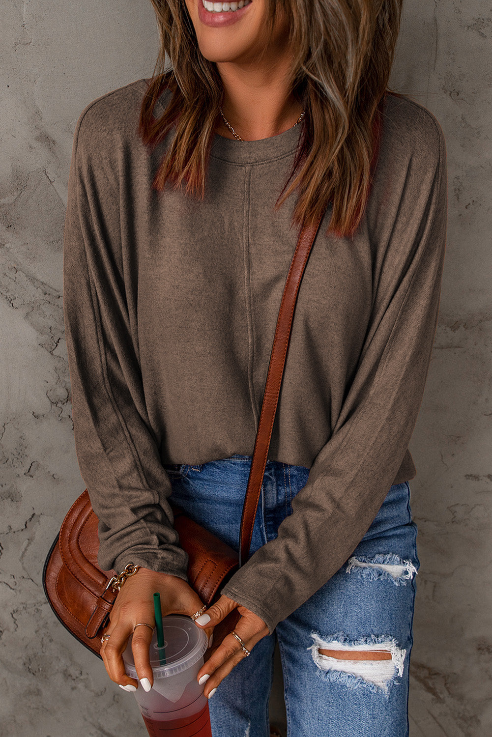 Brown Fiery Solid Color Patchwork Long Sleeve Top - SELFTRITSS