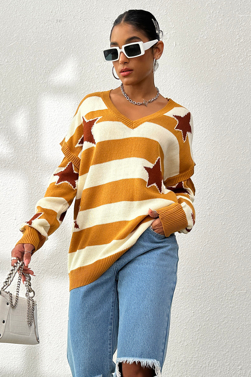 Star Pattern V-Neck Cutout Sweater - SELFTRITSS   