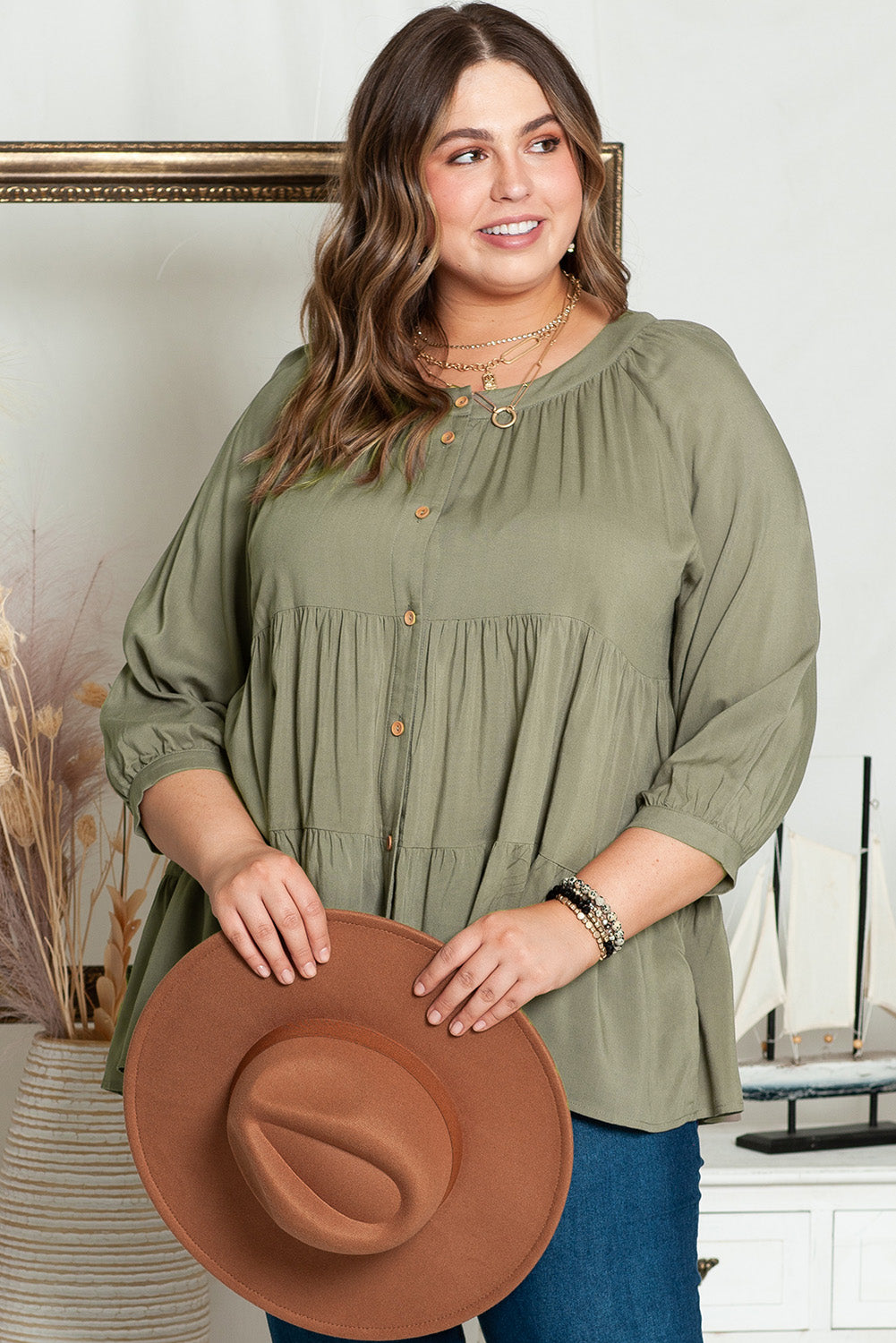 Green Plus Size Ruffle Tiered Split Neck Shirt - SELFTRITSS