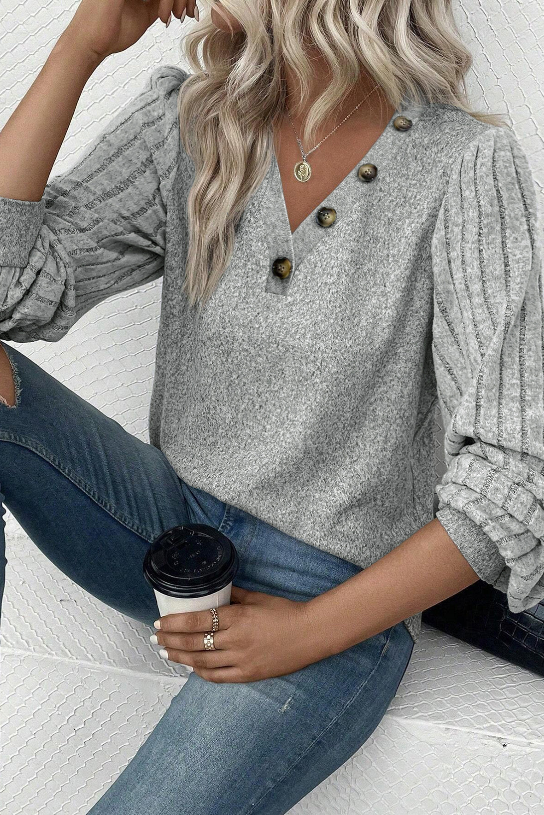 Light Grey Buttoned V Neck Ribbed Puff Sleeve Top - SELFTRITSS   