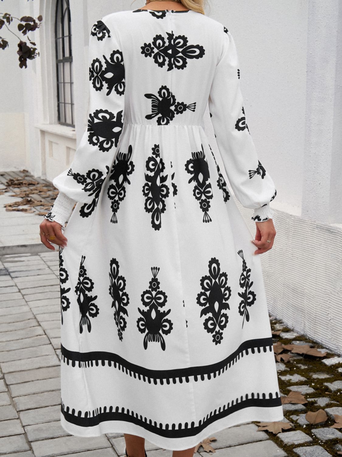 Devine Printed Surplice Lantern Sleeve Midi Dress - SELFTRITSS   