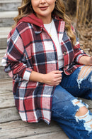 Red Printed Plus Size Plaid Button up Hooded Jacket - SELFTRITSS