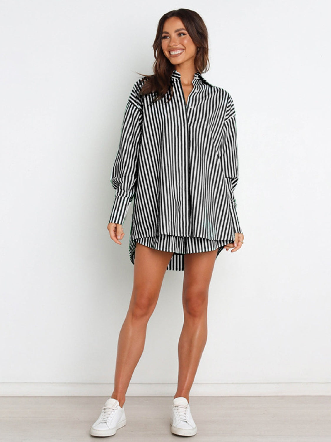 Striped Dropped Shoulder Shirt and Shorts Set - SELFTRITSS