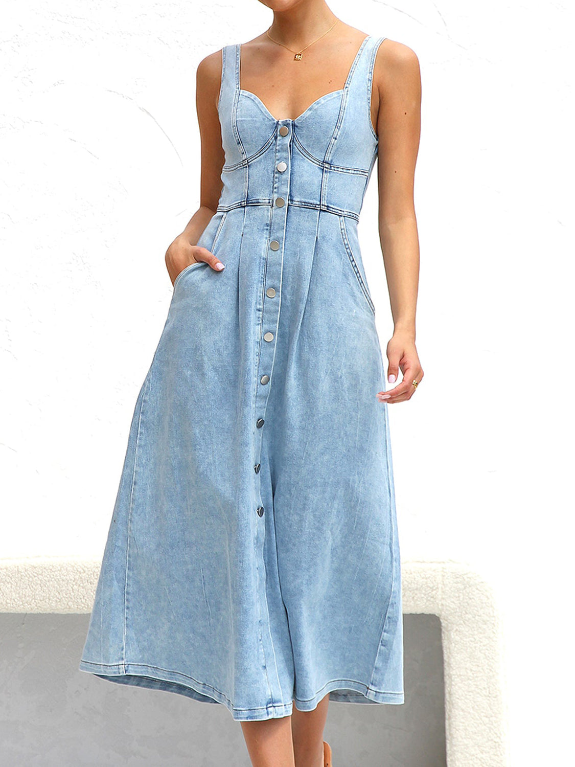 Sweetheart Neck Wide Strap Denim Dress - SELFTRITSS   