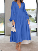 Deep V-Neck Balloon Sleeve Plain Maxi Dress - SELFTRITSS   