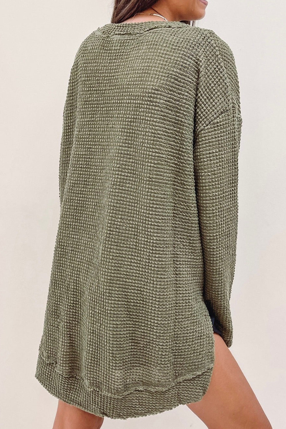 Moss Green Plus Size Textured Knit Long Sleeve Top - SELFTRITSS